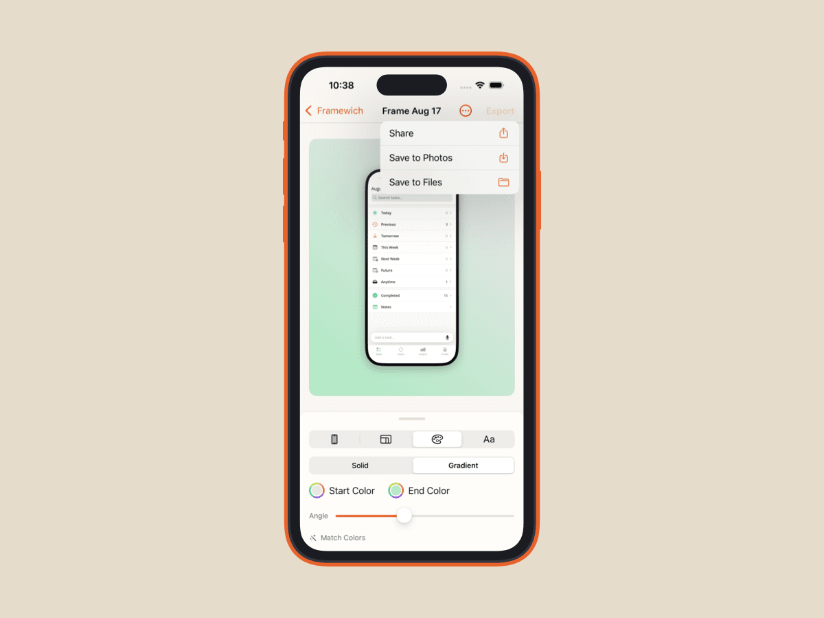 The Framewich export menu with share, Photos and Files options