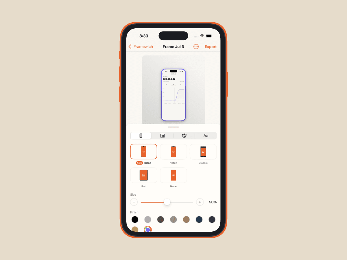 The Framewich frame panel showing device options and bezel finishes